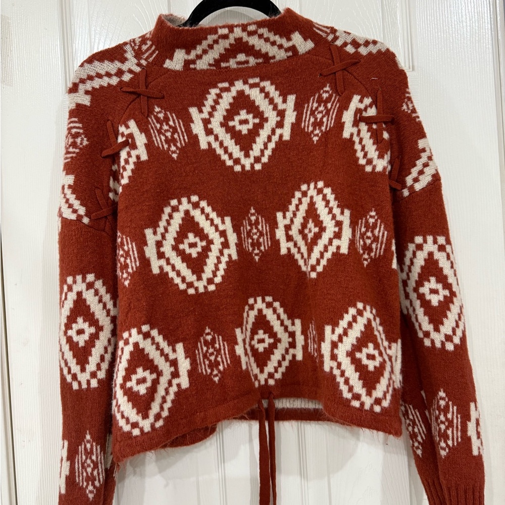 Rust Geometric Patterned Turtleneck Sweater - image 2